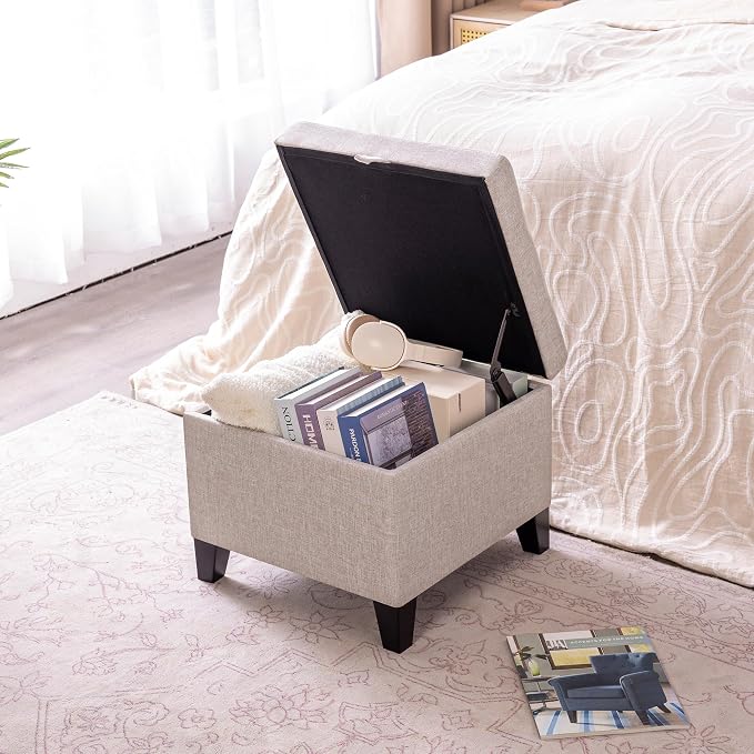 Adeco 18 Inch High Cube Ottoman Storage, Linen Chair Foot Stools, Upholstered - Image 3