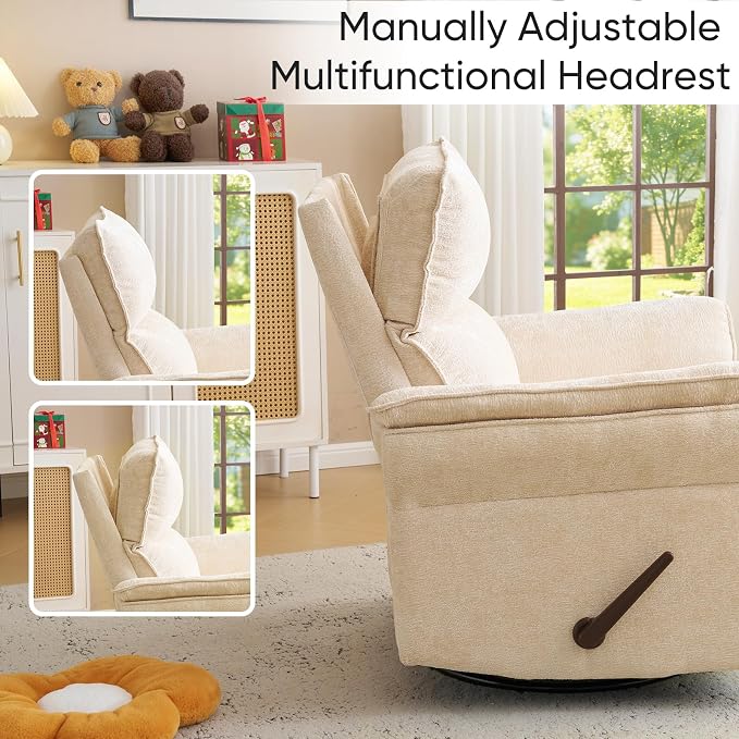 Rocking Chair Nursery with Adjustable Headrest, Manual Swivel Rocker Recliner - Image 6