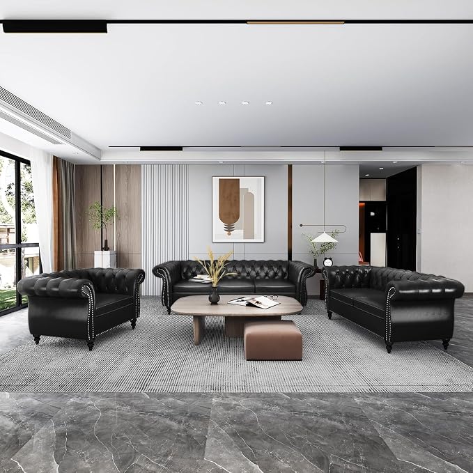 Chesterfield 3 Seater Sofa, Modern Leather Tufted Couch 3 Seater - Image 4