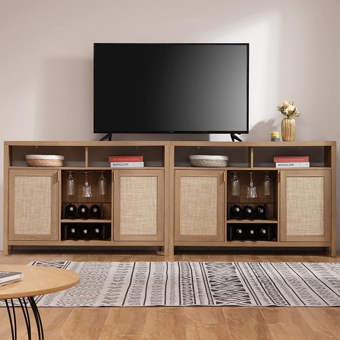 SICOTAS Rattan Coffee Bar Cabinet, Boho Liquor Wine Cabinet Set of 2 Credenza - Image 2