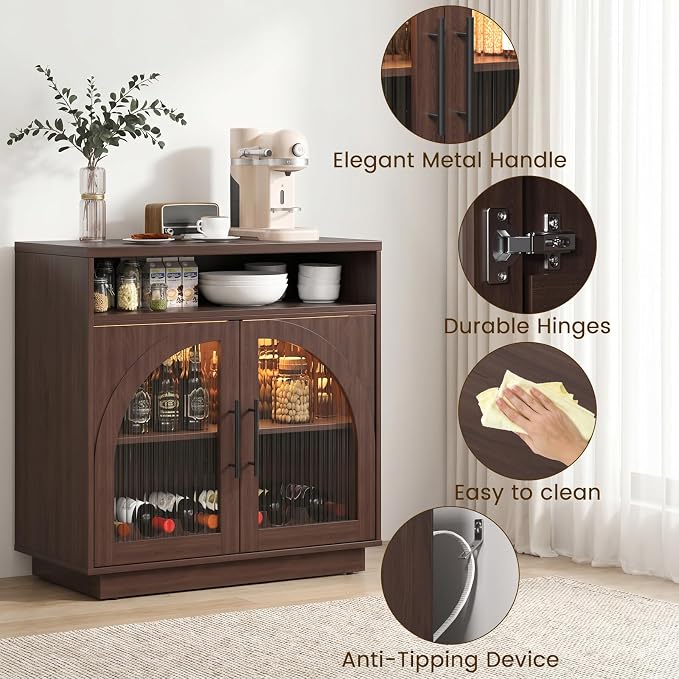 Sideboard Buffet Cabinet with Storage, Wine Bar Cabinet with Arched Glass Doors - Image 7
