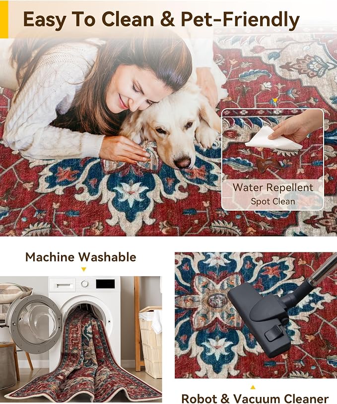 RELEANY Area Rugs 8'x10' Washable Non-Slip, Floral Vintage Distress Print - Image 5