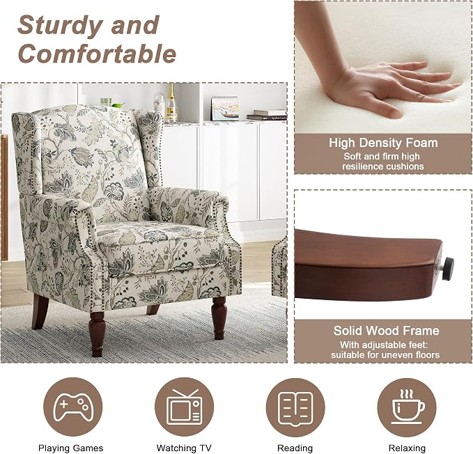 Pia Ricco Set of 2 Floral Accent Chairs, High Back Upholstered Armchairs - Image 4