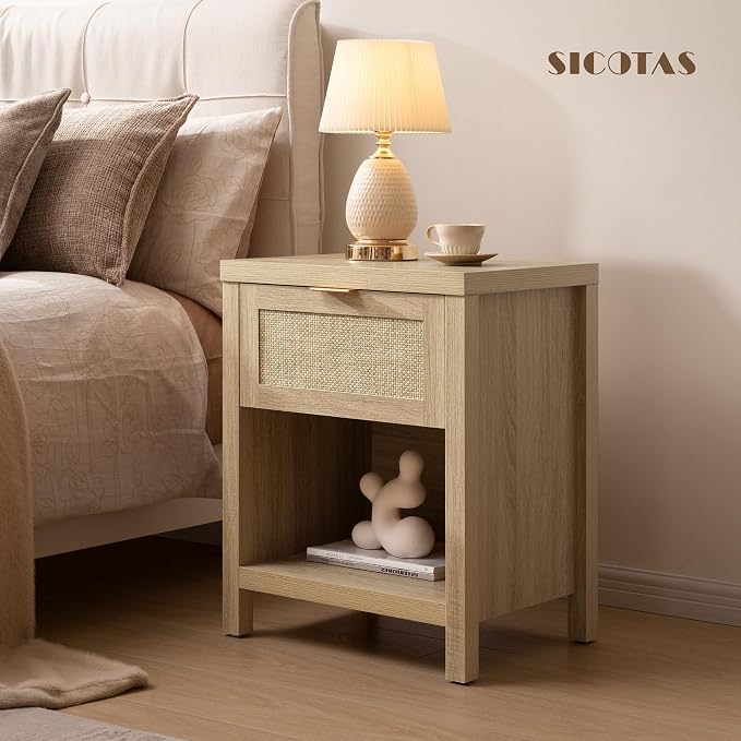 SICOTAS Rattan Nightstands Set of 2, Farmhouse Night Stand Bedside Table - Image 2