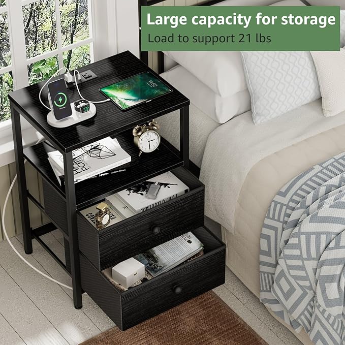 BOLUO Black Nightstand with Charging Station, LED Night Stand with 2 Fabric - Image 4