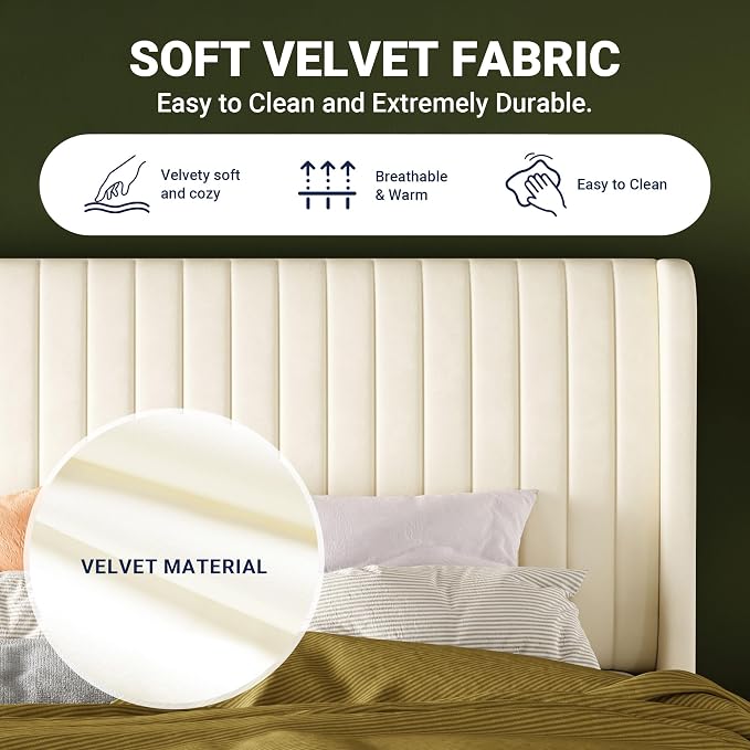 Allewie King Size Velvet Bed Frame/Vertical Channel Tufted Wingback - Image 6