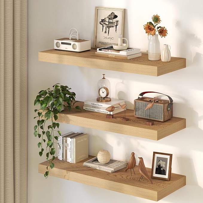 Fun Memories 12 Inch Deep Oak Floating Shelf, 24 x 12 Rustic Wood Wall Shelf - Image 2