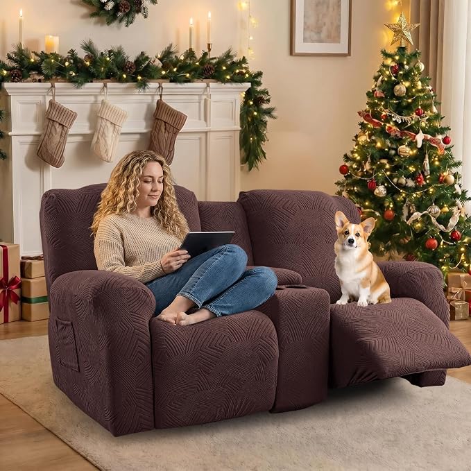 Recliner Loveseat Covers with Console, 6-Piece Stretch Geometric Strokes - Image 5