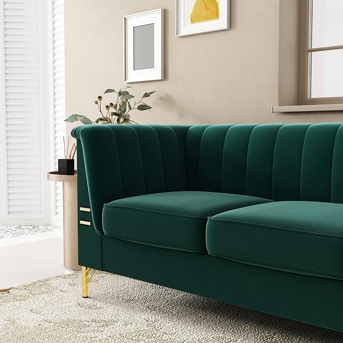 83.46" W Green Velvet Sofa Couch - Image 4