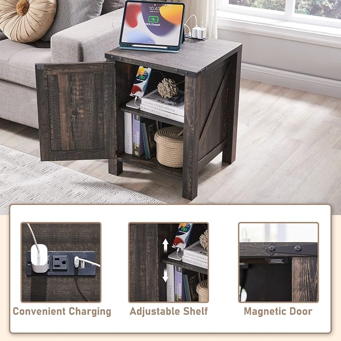 OKD Nightstand with Charging Station, 18 Inch Farmhouse End Table with Barn - Image 3