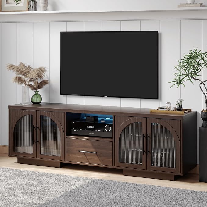 70" LED TV Stand with Storage for 75/80" TVs, Faux Marble Entertainment Center by SOLACEFURNITURE