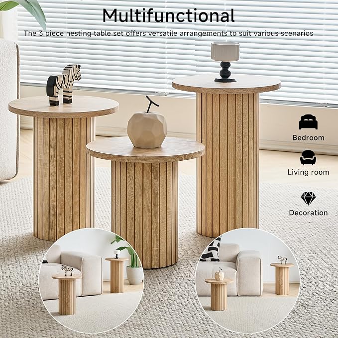 Round Nesting Coffee Table Set of 3 Mid Century Modern Wood Round Coffee Tables - Image 8