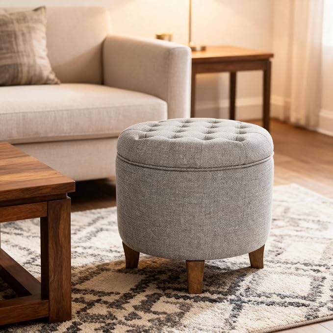 Homepop Home Decor | Upholstered Round Tufted Foot Rest Ottoman | Ottoman - Image 2