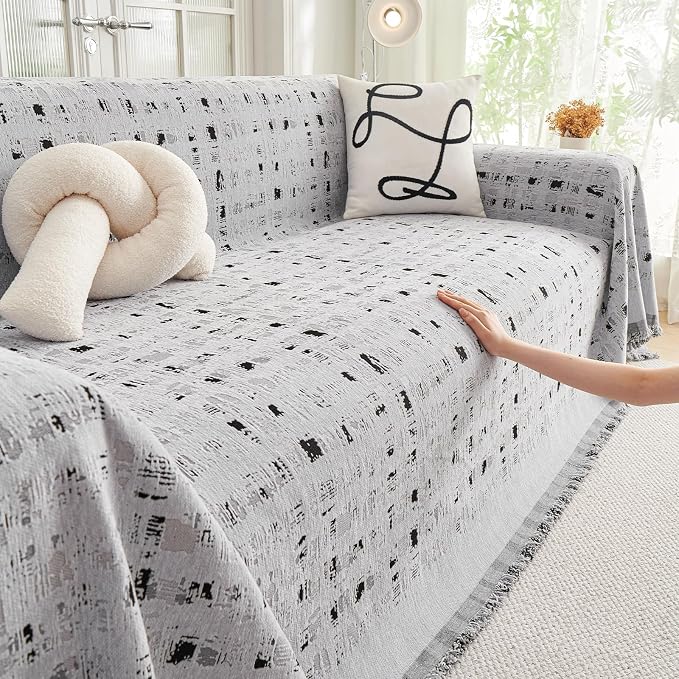 DREAMINGO Abstract Chenille Couch Cover Blanket Grey Black Boho Sofa Cover - Image 3