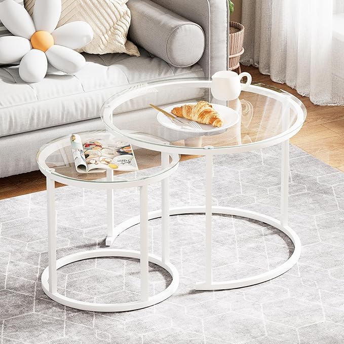 aboxoo White Nesting Glass Table Set of 2, Small Glass Round Nesting Tables by aboxoo