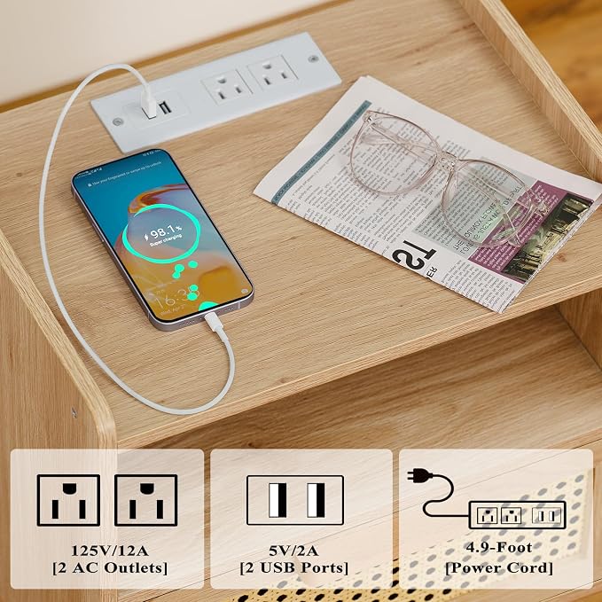 Lerliuo Rattan Nightstand with Charging Station, Boho Side Table with Drawer - Image 5