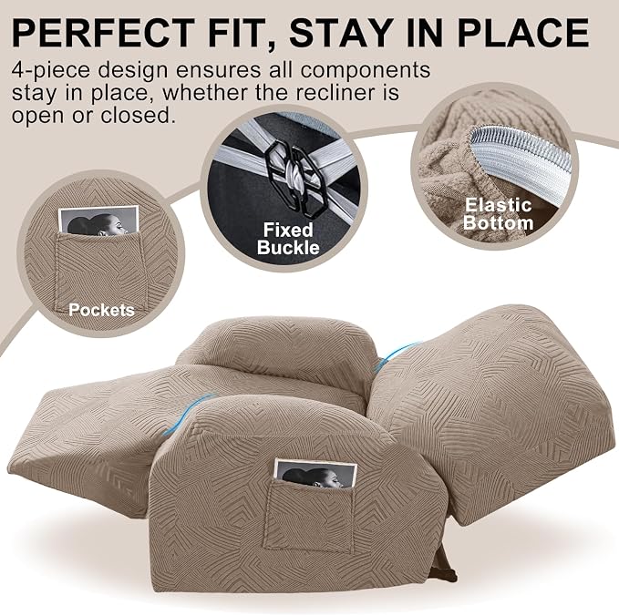 Recliner Chair Covers, 4-Piece Stretch Geometric Strokes Jacquard Reclining - Image 4