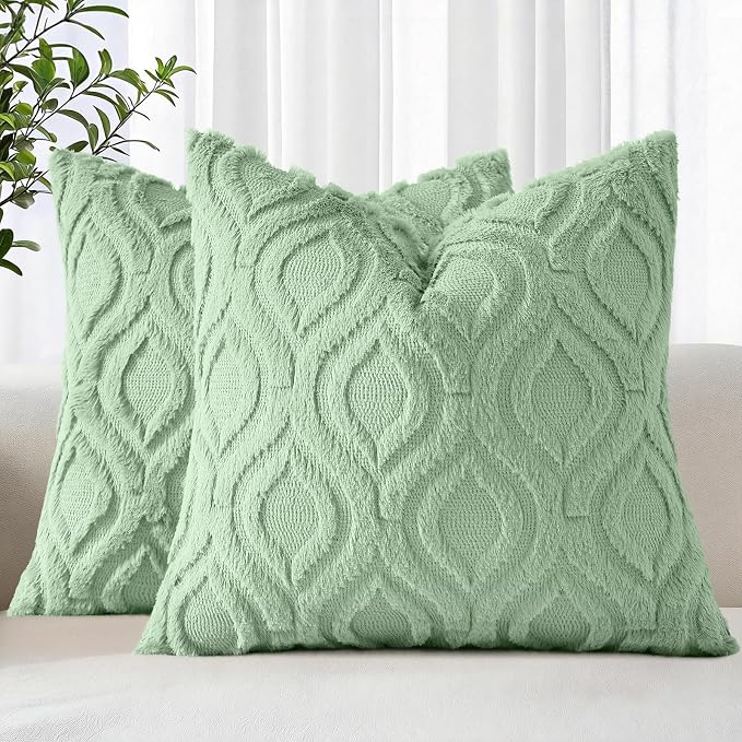 decorUhome Throw Pillow Covers 18x18 Inch Set of 2, Soft Plush Faux Wool Sage by decorUhome