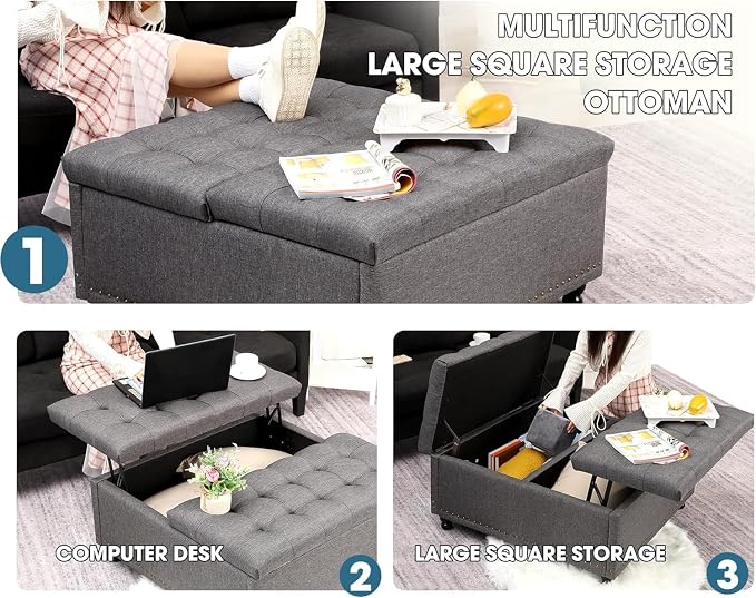 36" Large Square Ottoman with Storage, Tufted Upholstered Storage Ottoman with - Image 6