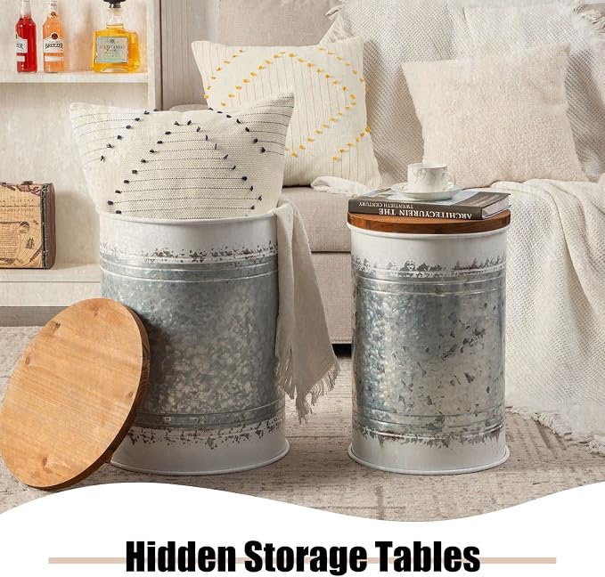 Poofzy Farmhouse End Tables Set of 2, Galvanized Metal Decor Side Table - Image 5