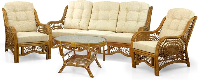 Malibu Lounge Set of 4: 2 Natural Rattan Wicker Chairs, Three-Seater Sofa - Image 2