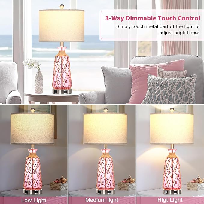 Ruzectt 25.5" Coastal Glass Table Lamps Set of 2, 3-Way Dimmable Touch Control - Image 2