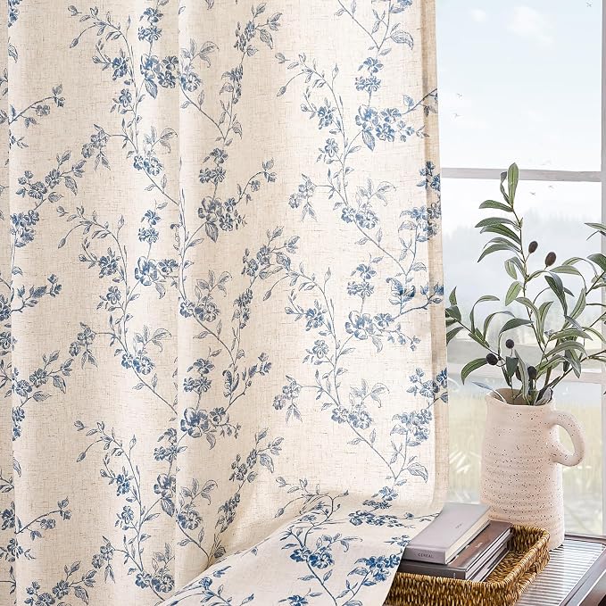Lazzzy Blue Floral Linen Curtains 84 Inch Length Farmhouse Curtain Back Tab - Image 8