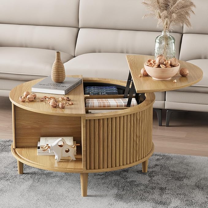 Round Coffee Table with Storage, Fluted Lift Top Coffee Table by FnelHomeFurniture