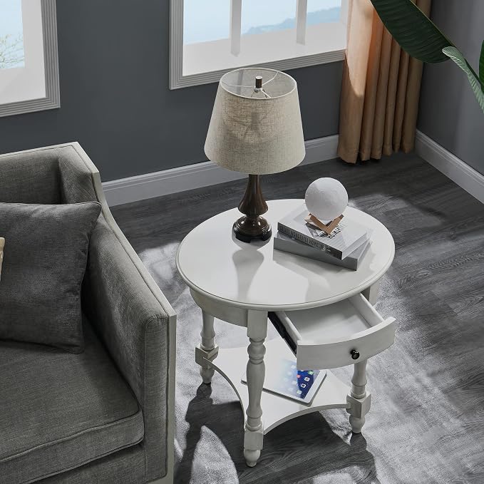 Solid Wood Oval End Table with Drawer and Storage Shelf, Antique White - Image 5