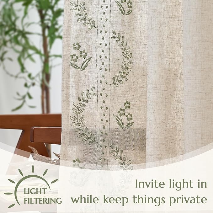 jinchan Belrose Linen Curtains for Bedroom Floral Curtains 108 Inch Length - Image 5