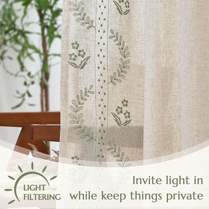 jinchan Belrose Linen Curtains for Bedroom Floral Curtains 63 Inch Length Linen - Image 5