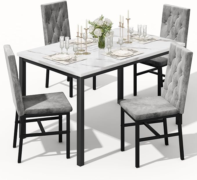 Hooseng Dining Table Set for 4, Faux Marble Small Kitchen Table Chairs Set of 4 by Hooseng