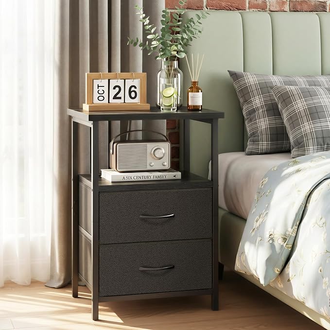 Fixwal Black Night Stand with Charger Station, Nightstand with Charging Station - Image 2
