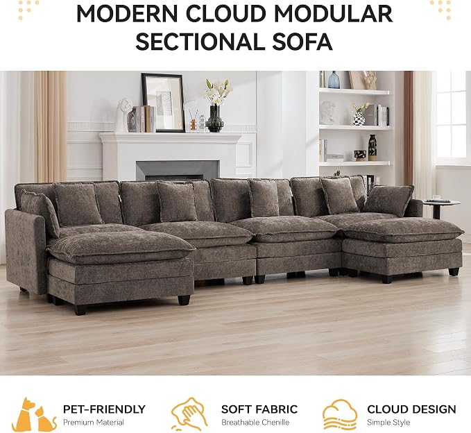 147'' Sectional Cloud Deep Seat Couch, Oversized Chenille U Shaped Sectional - Image 7