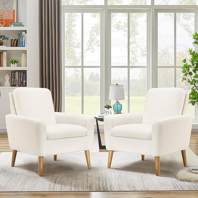 Sherpa Accent Chair, Modern White Teddy Fabric Upholstered Comfortable Armchair - Image 8