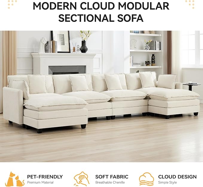 147'' Sectional Cloud Deep Seat Couch, Oversized Chenille U Shaped Sectional - Image 7