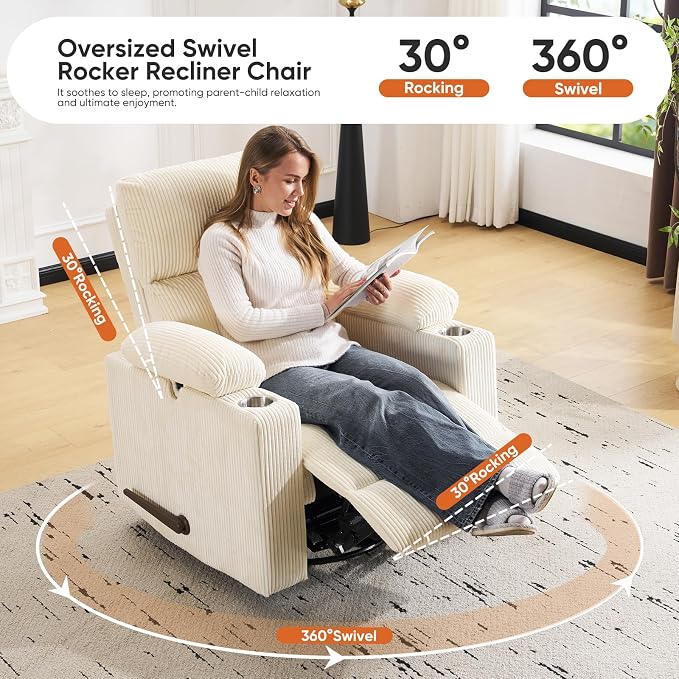 Swivel Rocker Recliner with Adjustable Armrests, Rocking Nursery Chair with - Image 6