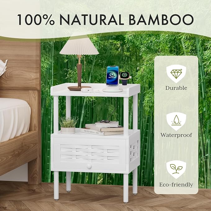 Amazer White Nightstand with Charging Station, Bamboo Night Stand - Image 4