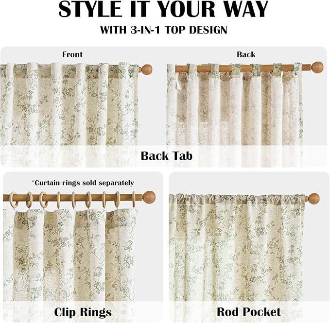 Lazzzy 90 inch Long Curtain for Bedroom Green Floral Linen Drapes for Living - Image 5