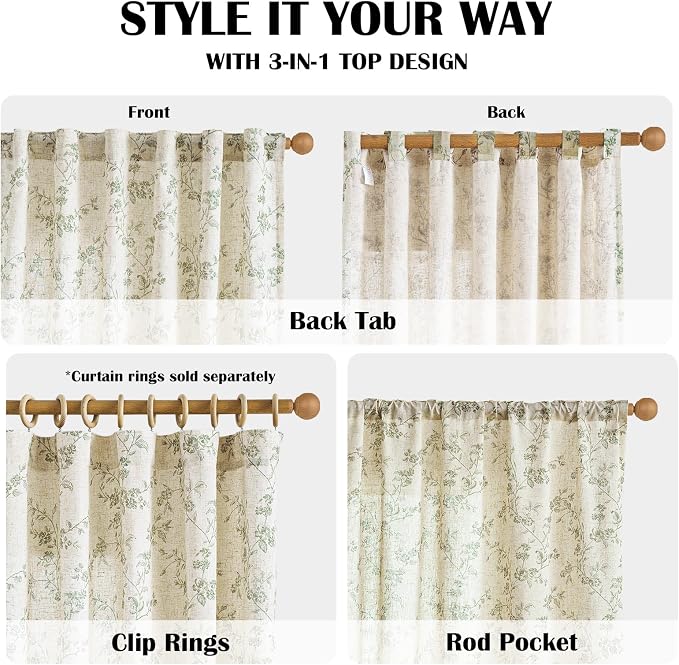 Lazzzy Green Floral Linen Curtains 84 Inch Farmhouse Back Tab Drapes - Image 4