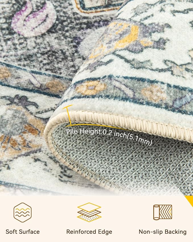 RELEANY Area Rugs Round 10ft Washable Non-Slip, Floral Vintage Distress Print - Image 4