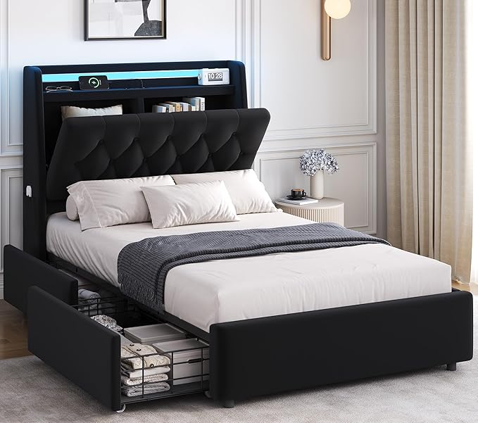 Twin LED Velvet Bed Frame with 2 Storage Drawers&Hidden Headboard, Upholstered by JOCOEVOL