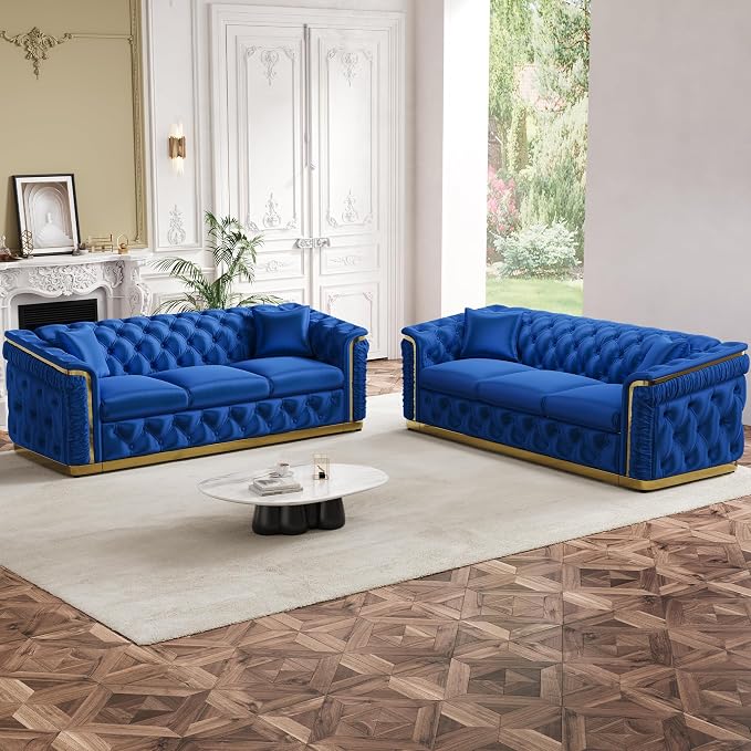 84.6" Luxury Chesterfield Sofa Velvet Tufted Sofa Black and Gold Couch - Image 7