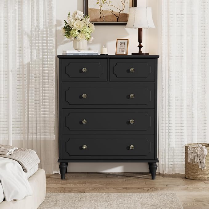 Black Dresser for Bedroom with 5 Drawers, Vintage Tall Dresser with Smooth - Image 5