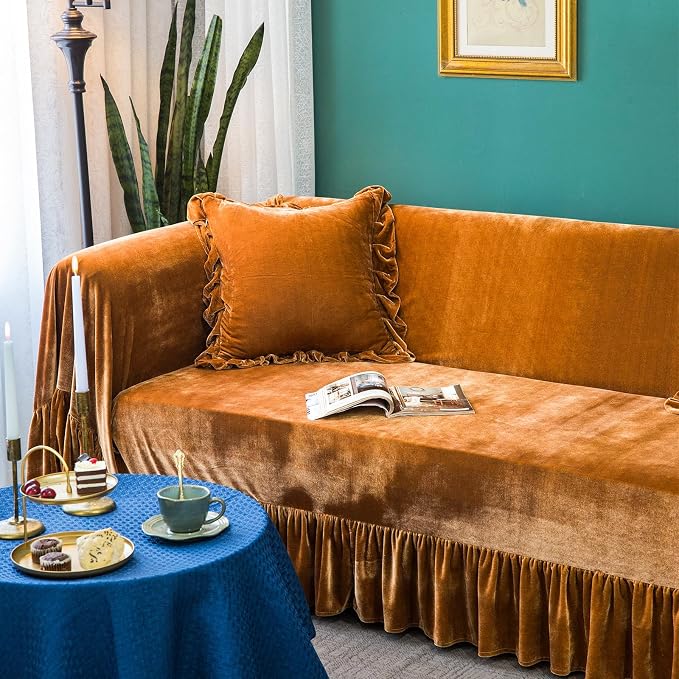Velvet Sofa Cover Soft Decorative Luxurious Solid Exquisite Ruffle Trim - Image 5