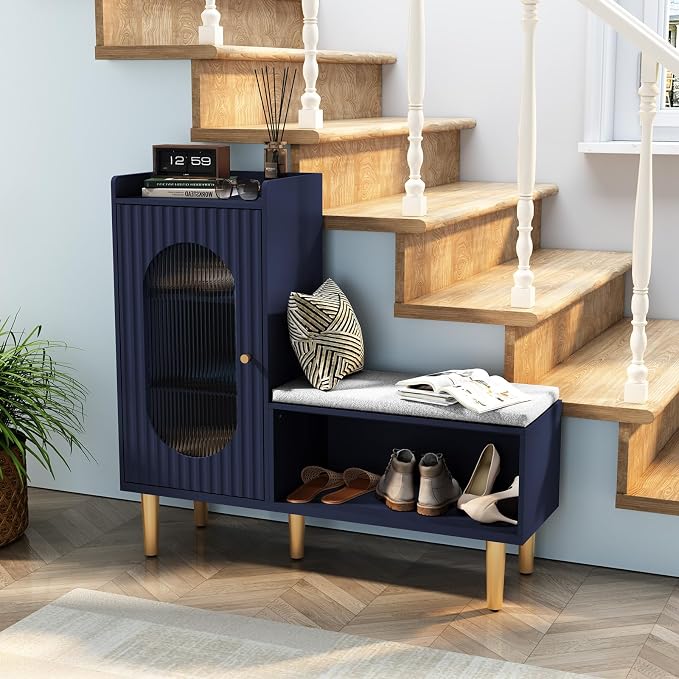 HLR Storage Bench with Glass Door&Shelf, Modern Entryway Shoe Cabinet Bench - Image 6