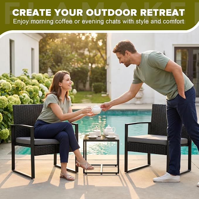 Flamaker 3 Pieces Patio Set Outdoor Wicker Furniture Modern Bistro Rattan Chair - Image 6