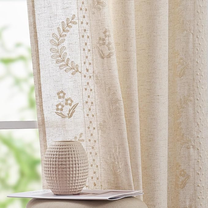 jinchan Belrose Linen Curtains for Bedroom Floral Curtains 72 Inch Length Linen by JINCHAN