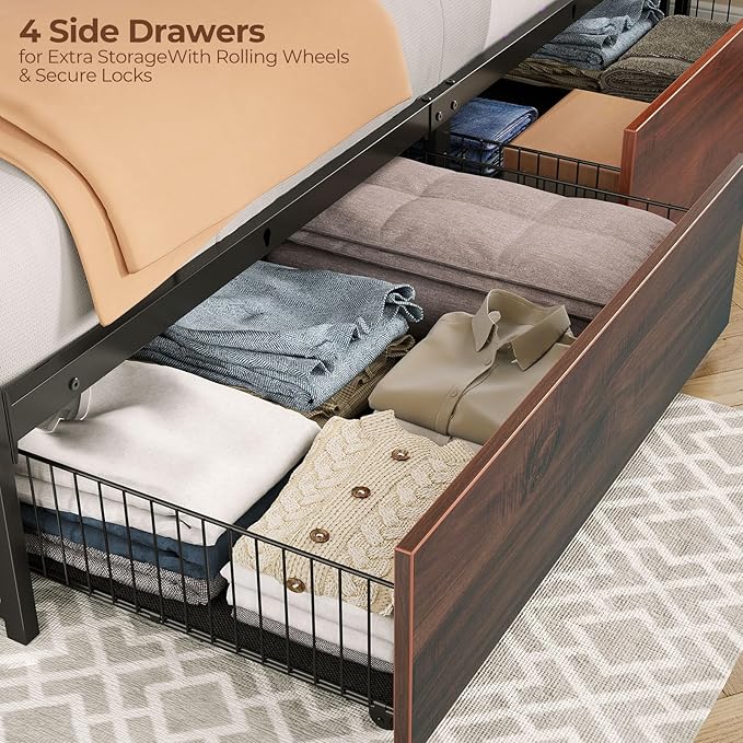Rolanstar Twin Bed Frame with 4 Storage Drawers & 2-Tier Storage Headboard - Image 4