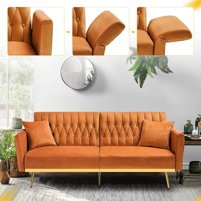 70” Velvet Futon Sofa Bed w/Adjustable Armrests & 2 Pillows, Convertible Futon - Image 5